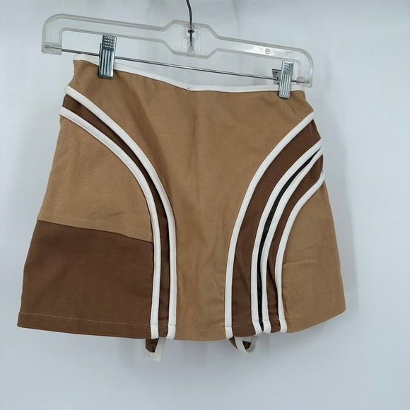 Womens Y2K Mini Skirt Size S Brown Preppy Tennis Side Stripe Cyber Futuristic - Picture 2 of 8
